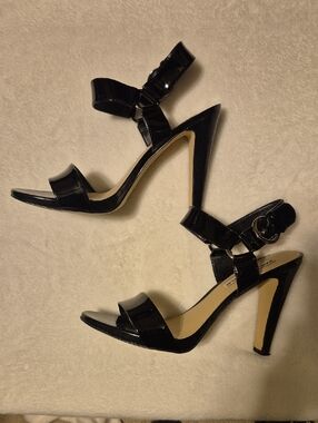 Karl Lagerfeld Black Patent Leather Strappy Stiletto Sandals